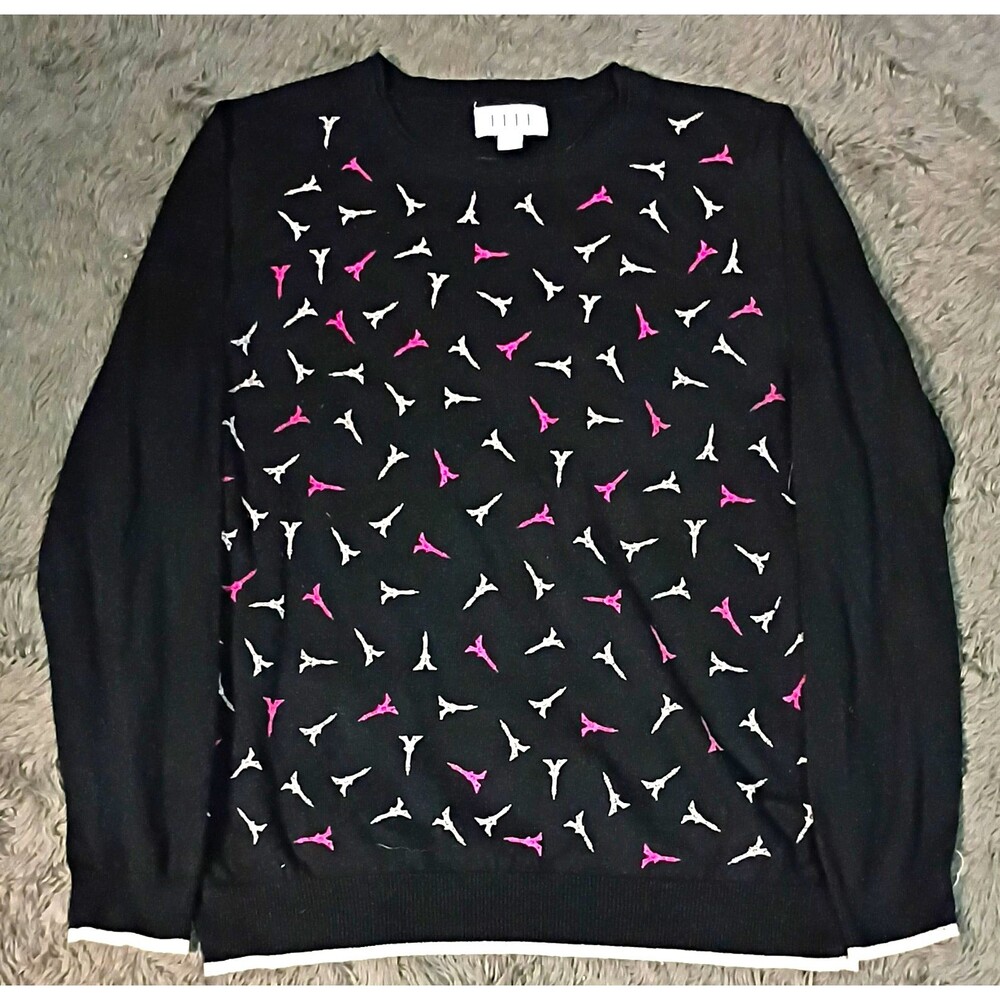 ELLE Womens L Black Tight-Knit Crew Neck Pullover Sweater Eiffel Tower Paris